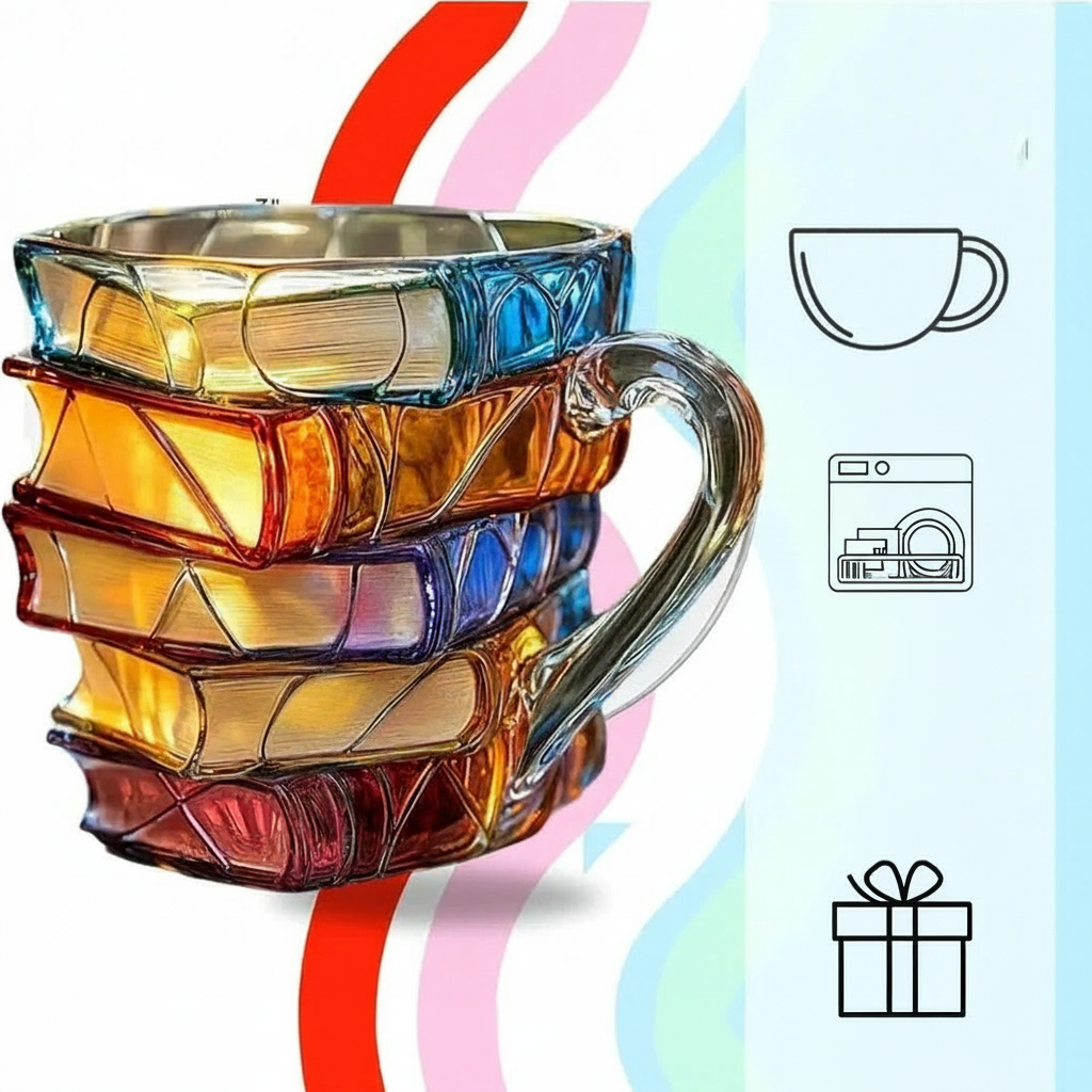 3D Book Mug Hand-Painted Literary Coffee Cup Heat-Resistant Glass 3