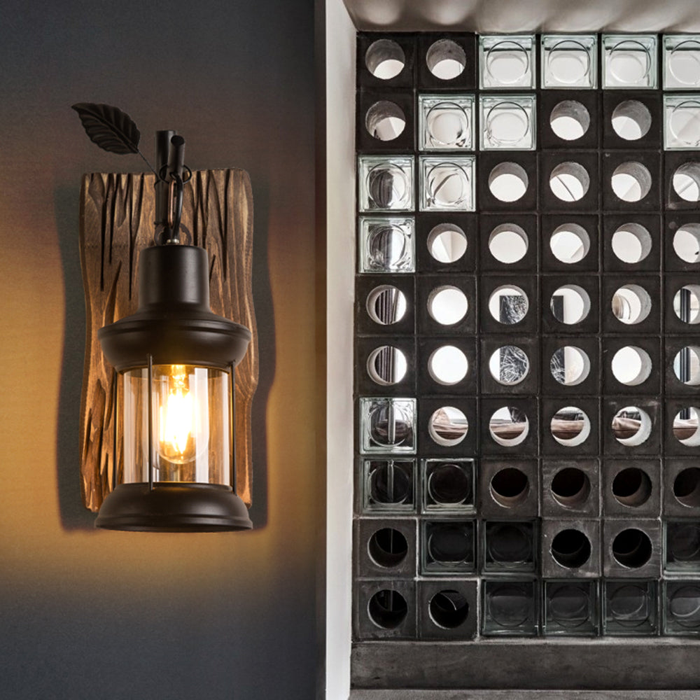 Vintage Lantern LED Wall Lamp Black Bedroom/Living Room Wood Metal