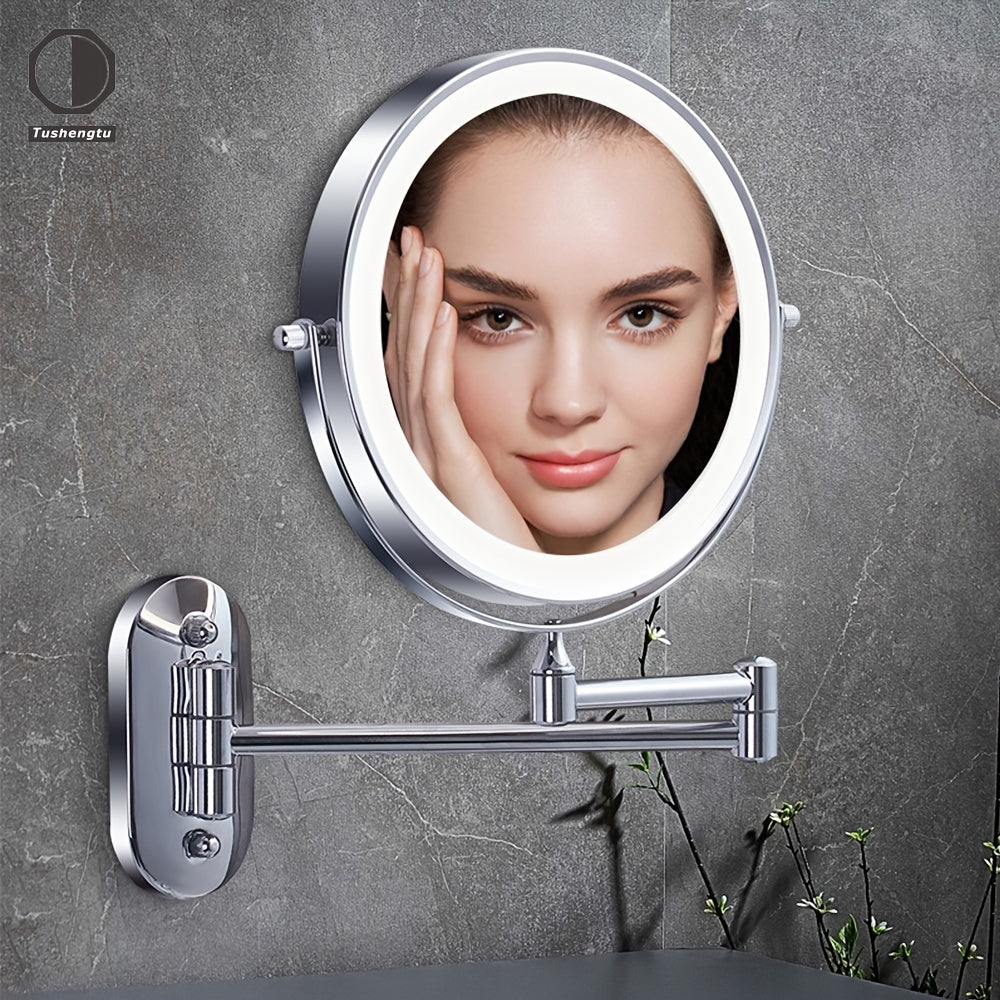 Dubbelzijdige Wandgemonteerde Make-up Spiegel met LED Verlichting en Vergrootlens – Perfect voor Badkamer en Kaptafel