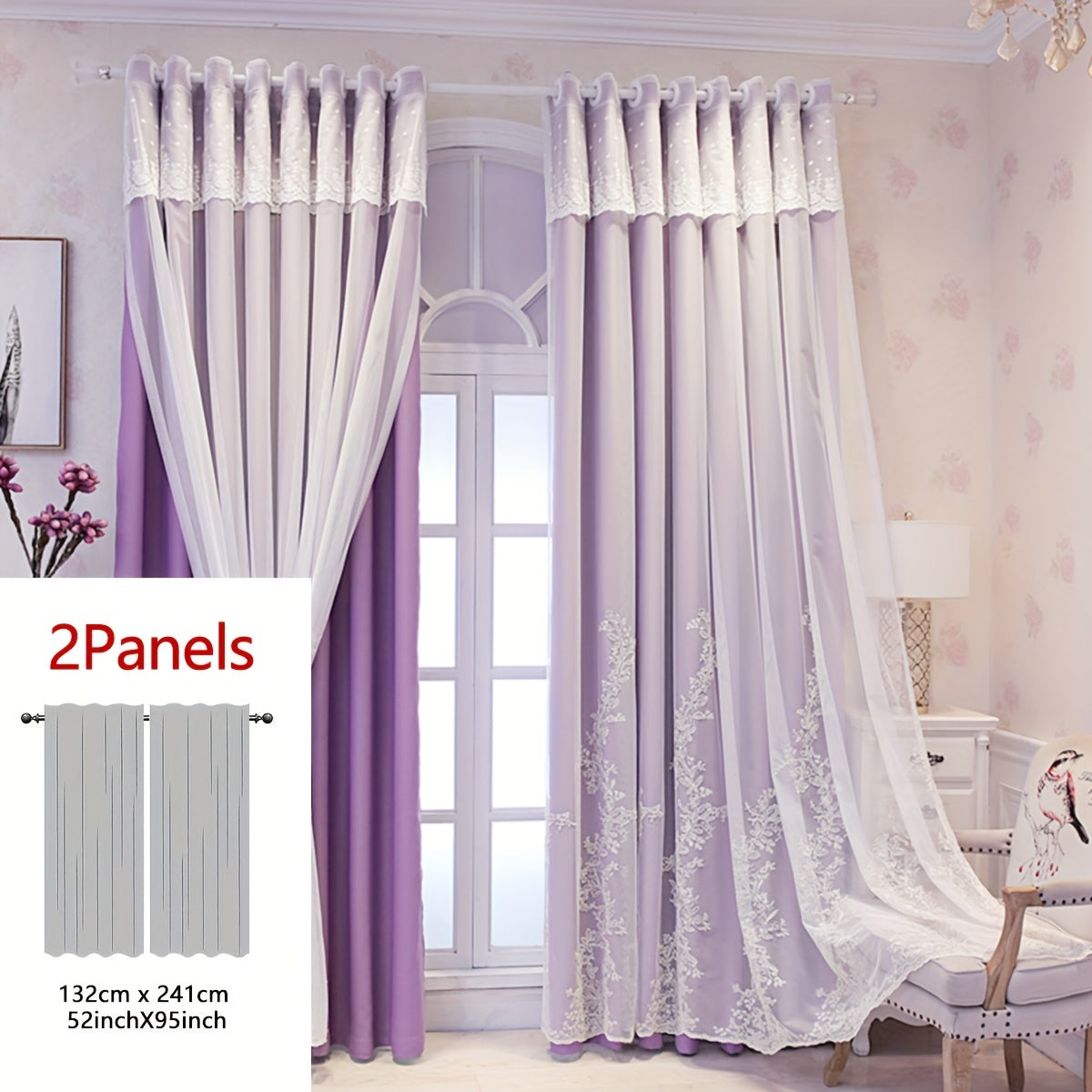 2 Pezzi Tenda Ricamata con Fate Elfiche - Pannelli di Tenda Traslucidi con Tessuto Integrato e Anelli