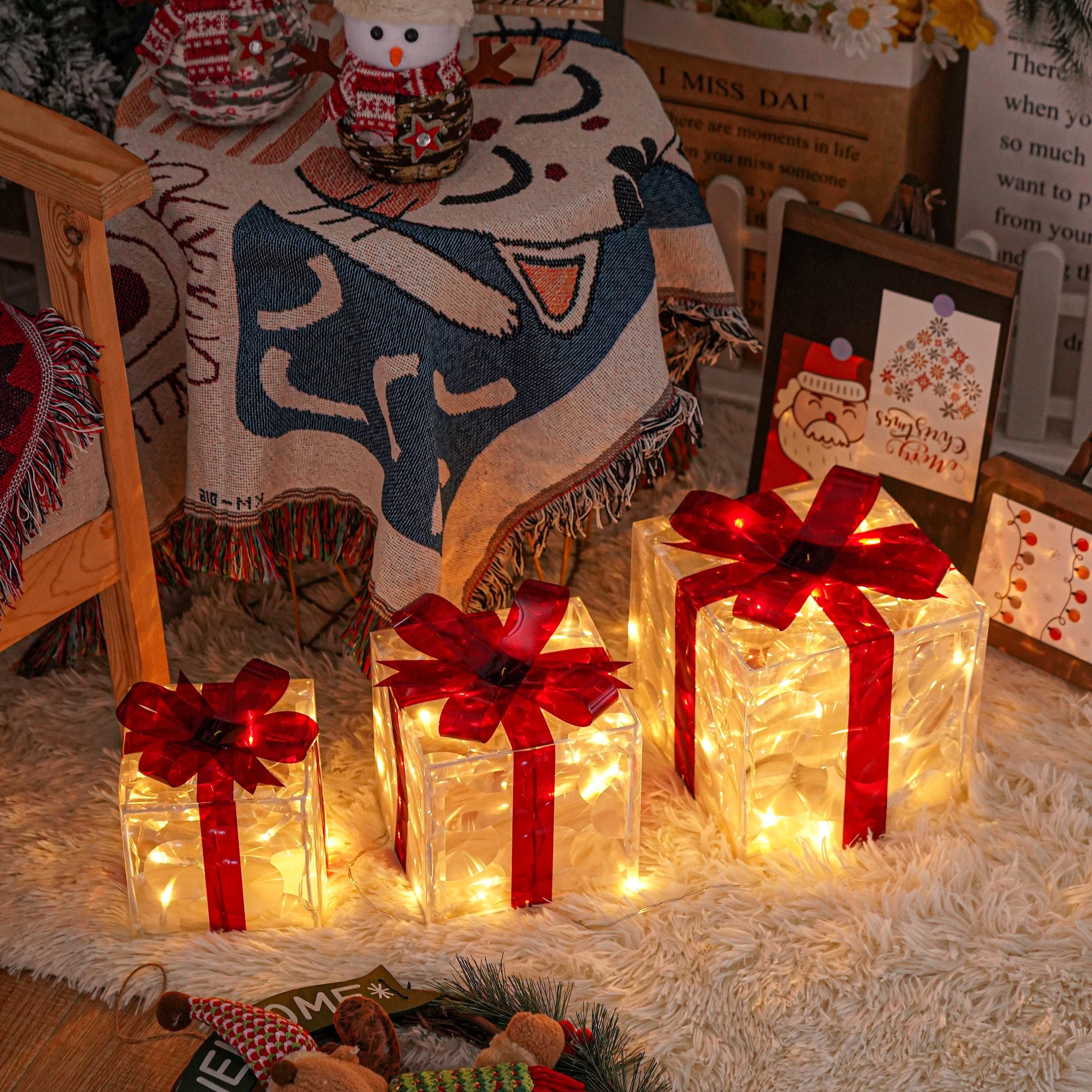 CadeauLicht - Set van 3 Verlichte Kerstcadeaudozen met Rode Strik