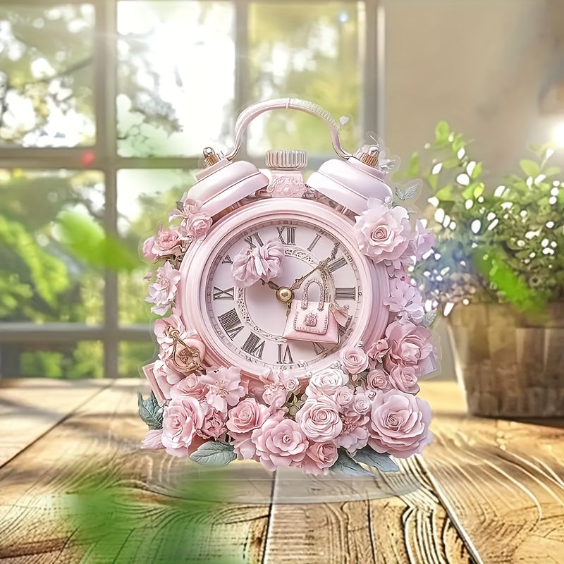 BohoClock - Boheemse Roze Bloemenwekker met Acryl Display