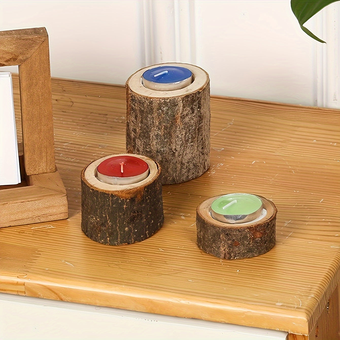 3-Delige Set Rustieke Boomschors Kaarshouders – Houten Tafeldecoratie voor Kerst en Feestdagen