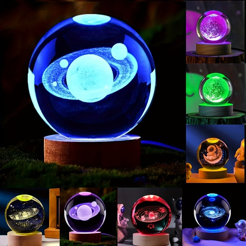 LumiSphere - Lámpara nocturna LED de bola de cristal 3D con base de madera