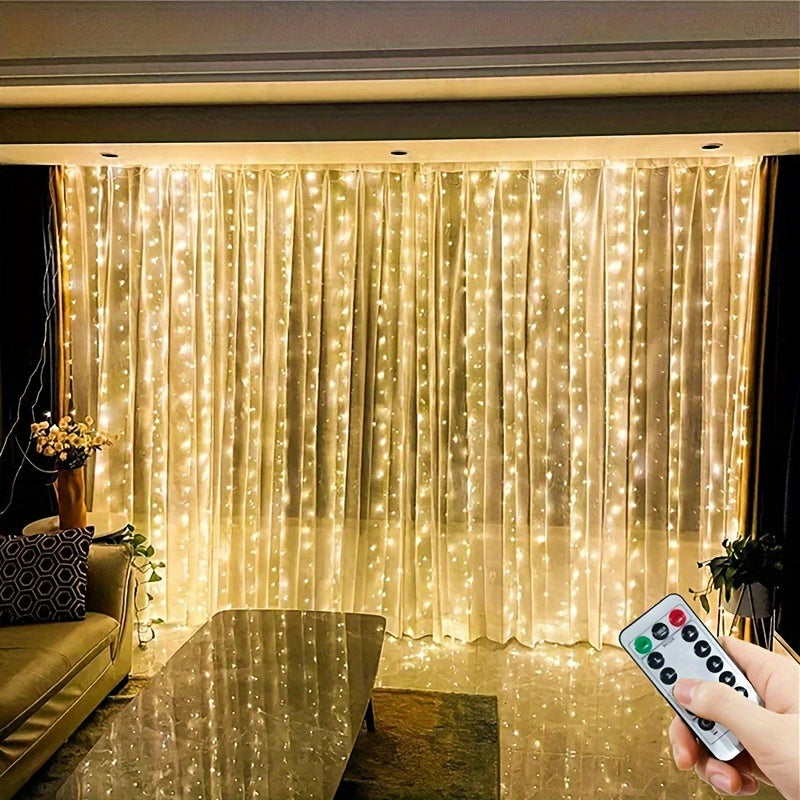 LuxeGlow - Luci a Tenda LED USB con Telecomando, 8 Modalità per Decorazioni di Festa