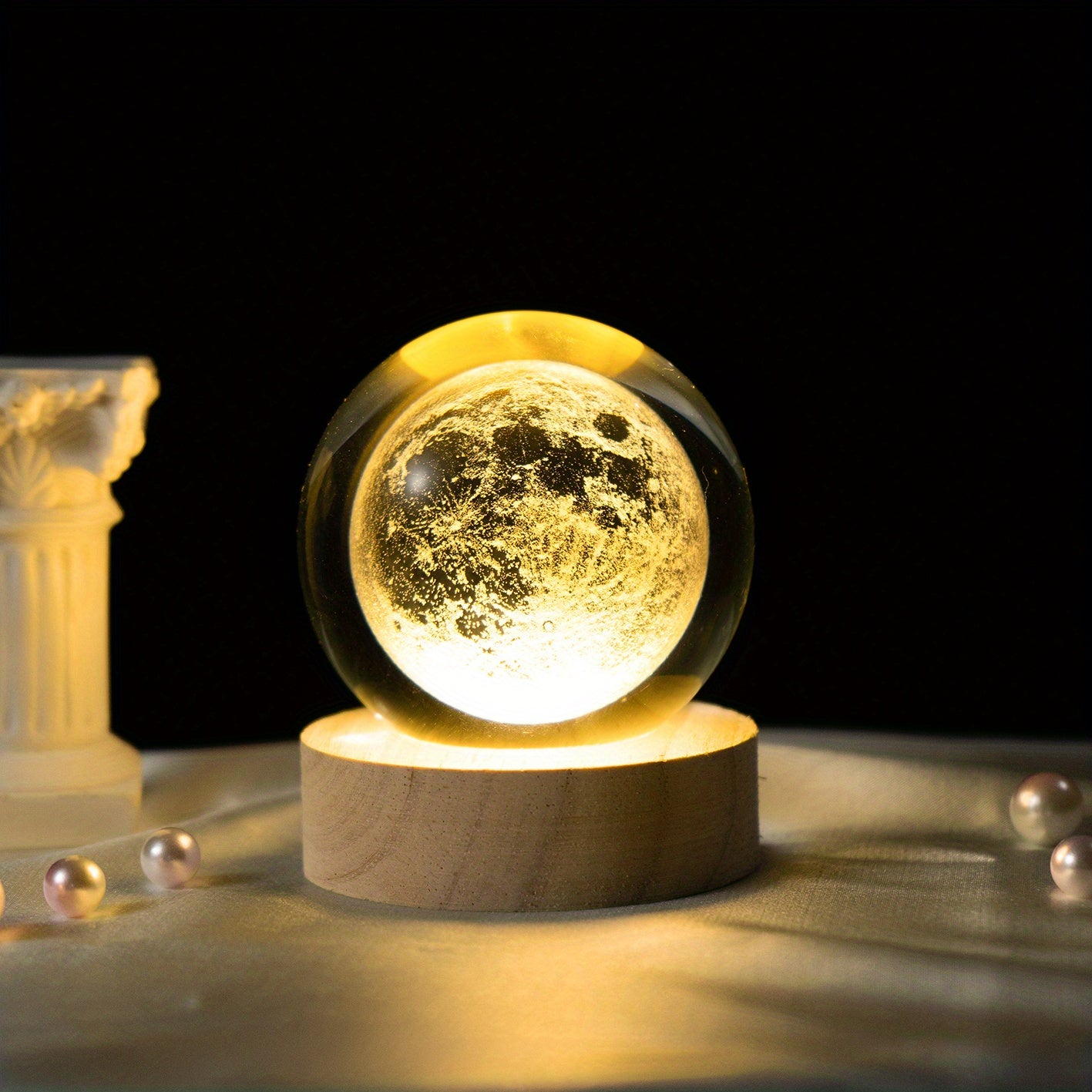 MoonCrystal - Maan Kristal Bal Lamp met Houten Basis