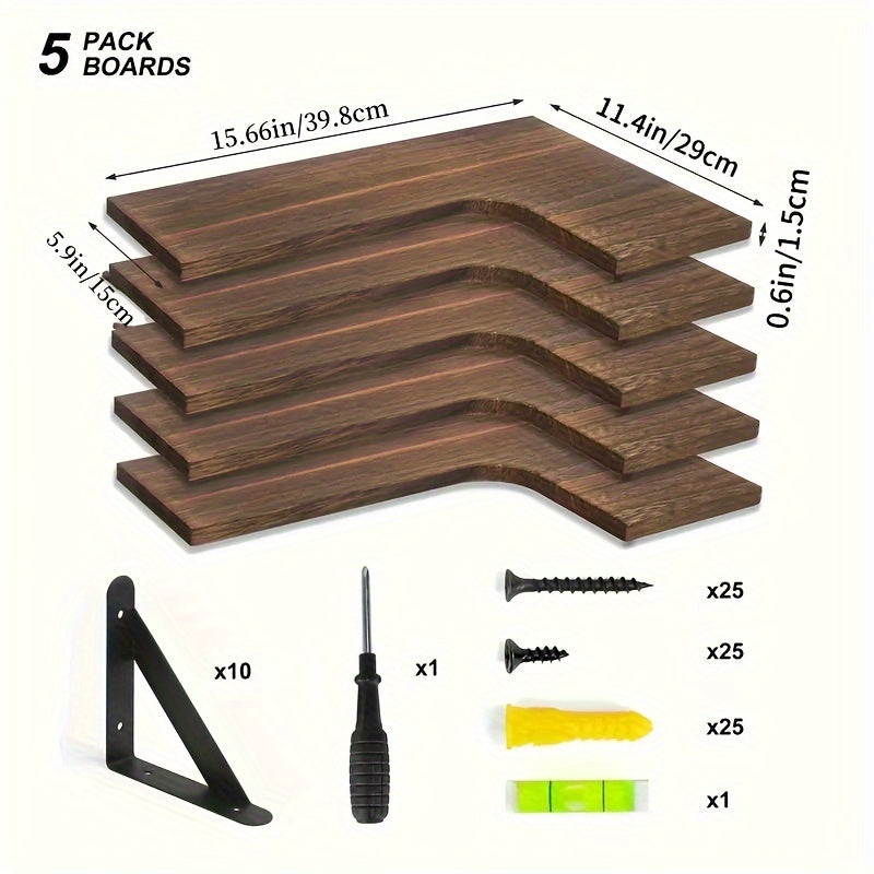 RusticCorner - 3/5 Stuks Zwevende Hoekplank - Houten Wanddecoratie en Opbergrek