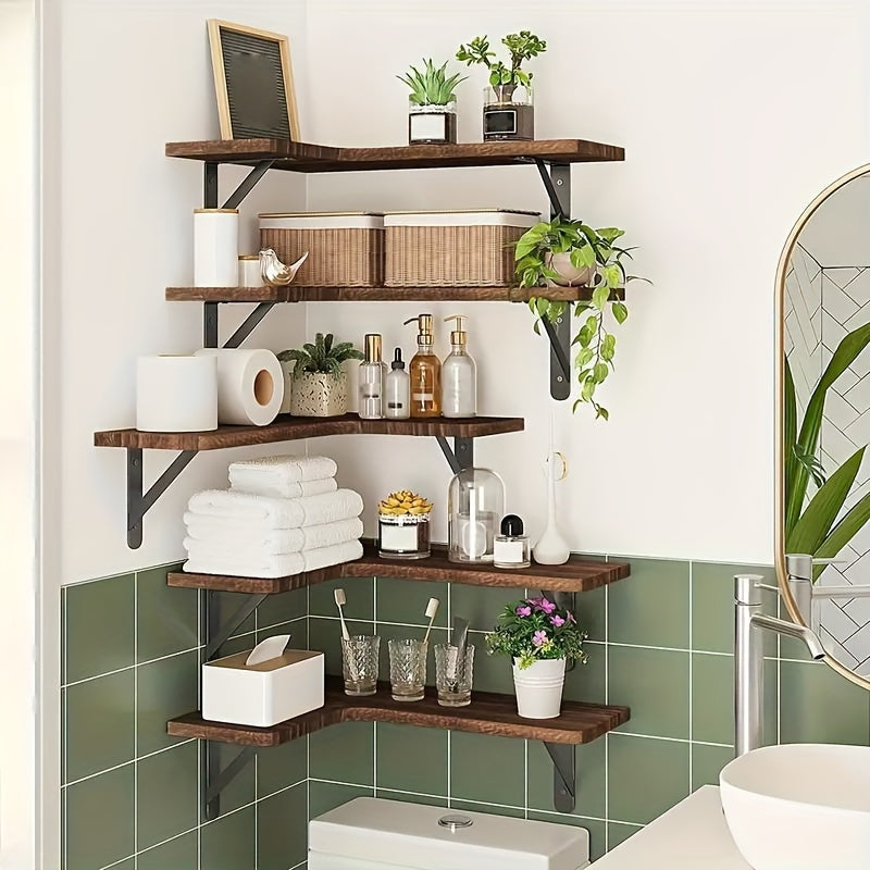 RusticCorner - 3/5 Stuks Zwevende Hoekplank - Houten Wanddecoratie en Opbergrek