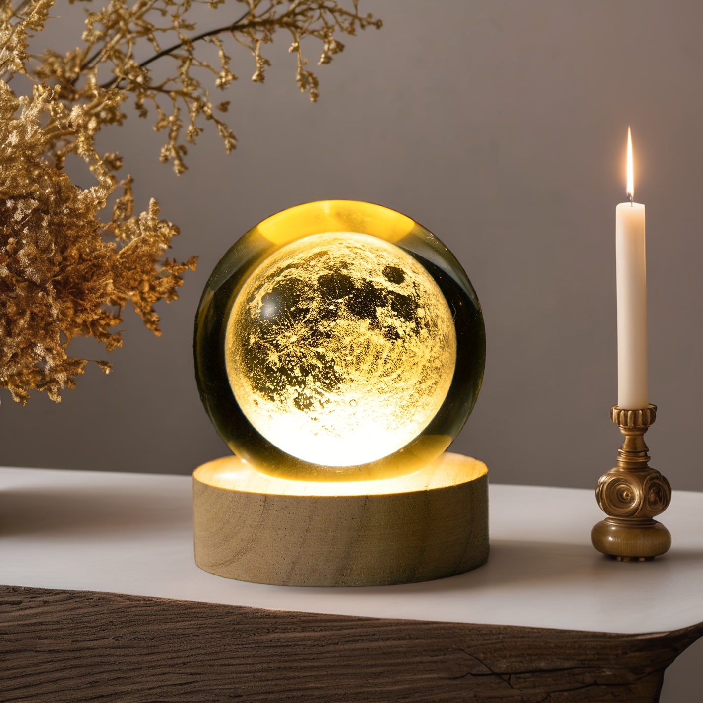 MoonCrystal - Maan Kristal Bal Lamp met Houten Basis