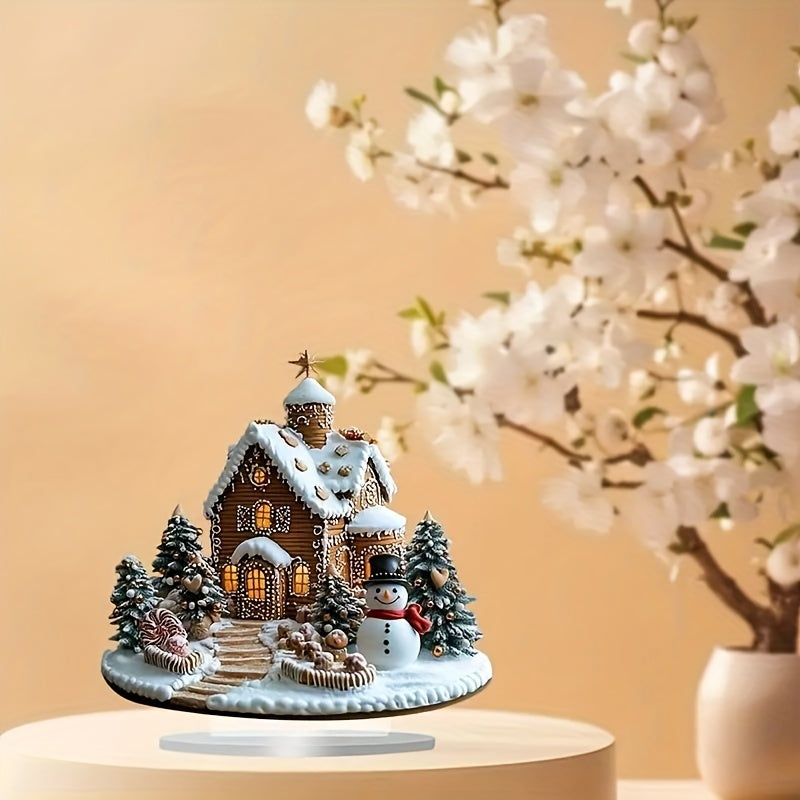 DecoGember - Acryl Gemberhuis met Sneeuwman, Moderne Kerst Tafeldecoratie