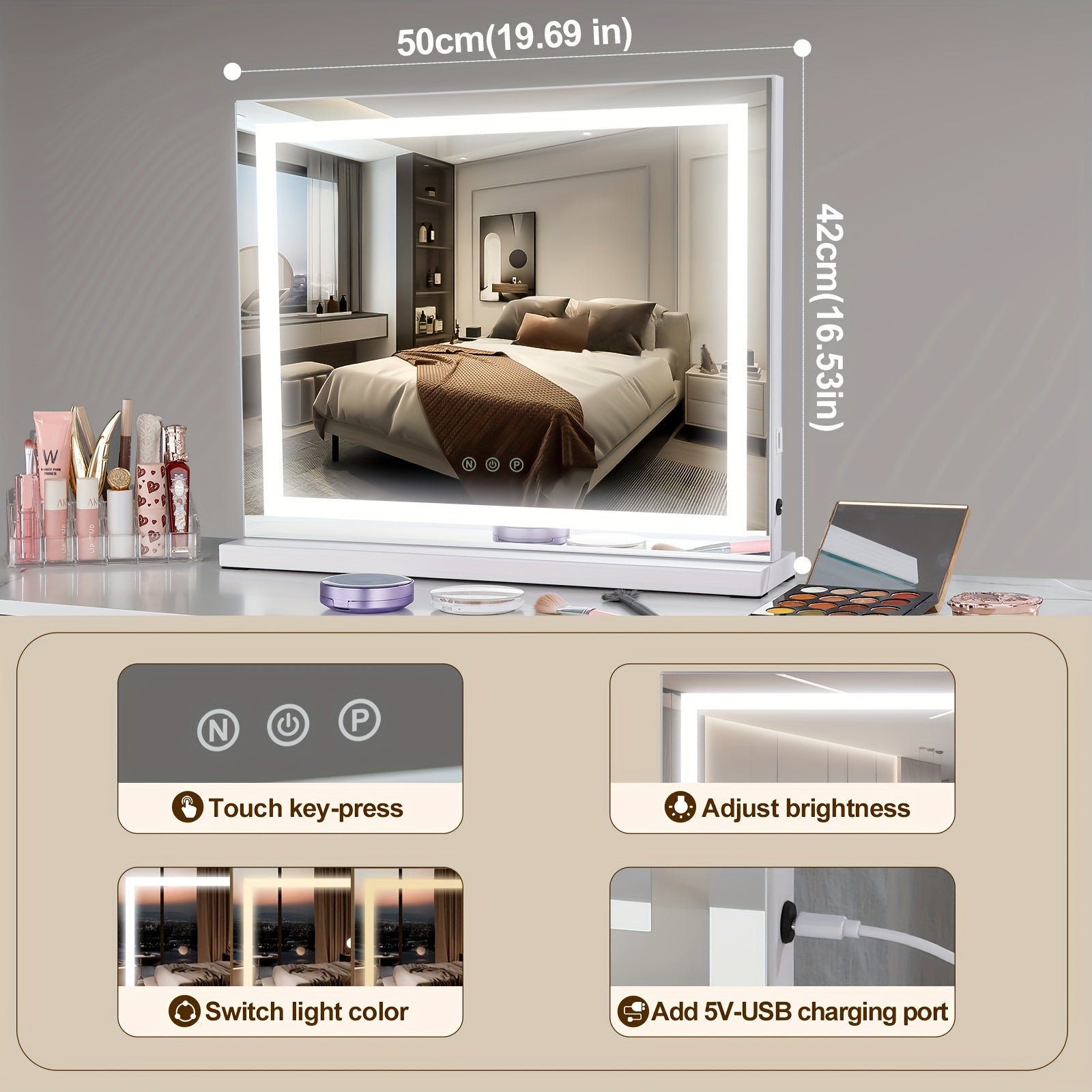 LED Make-up Spiegel – Horizontale Lichtstrip, Slimme Touchbediening, USB-Aangedreven, Draagbare Glowing Spiegel