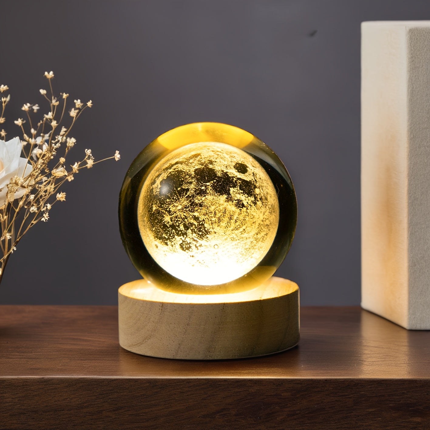 MoonCrystal - Maan Kristal Bal Lamp met Houten Basis