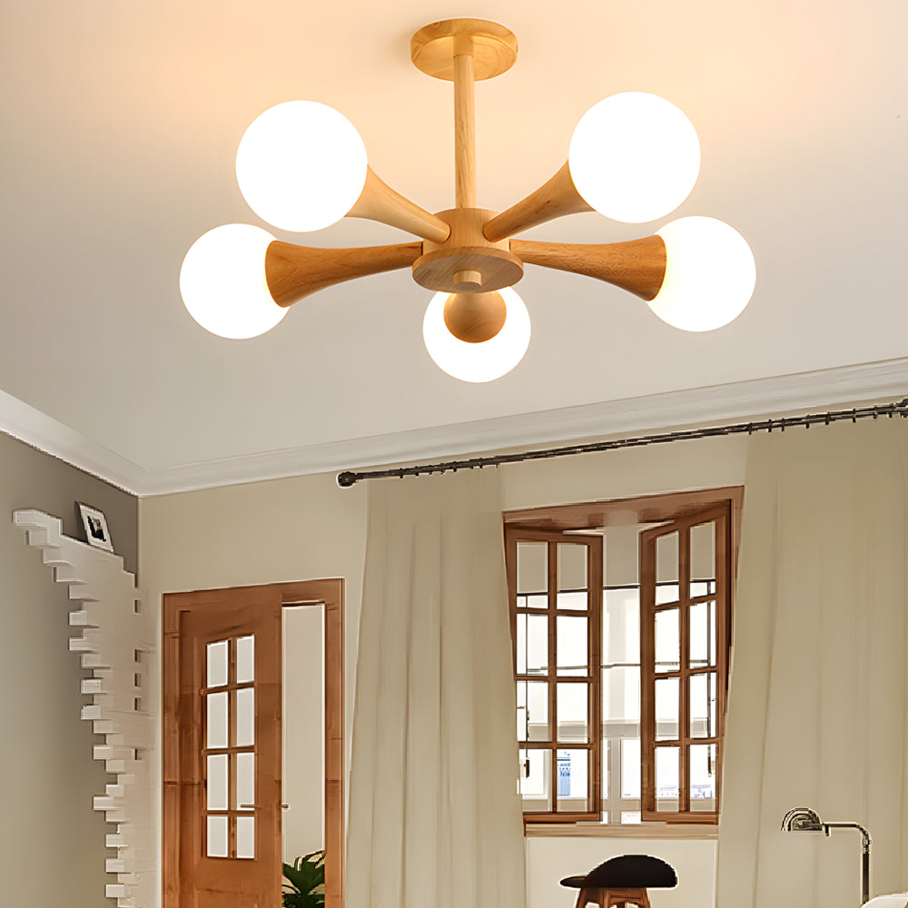 NordicGlow - Scandinavische Houten Kroonluchter met Glazen Lampenkappen