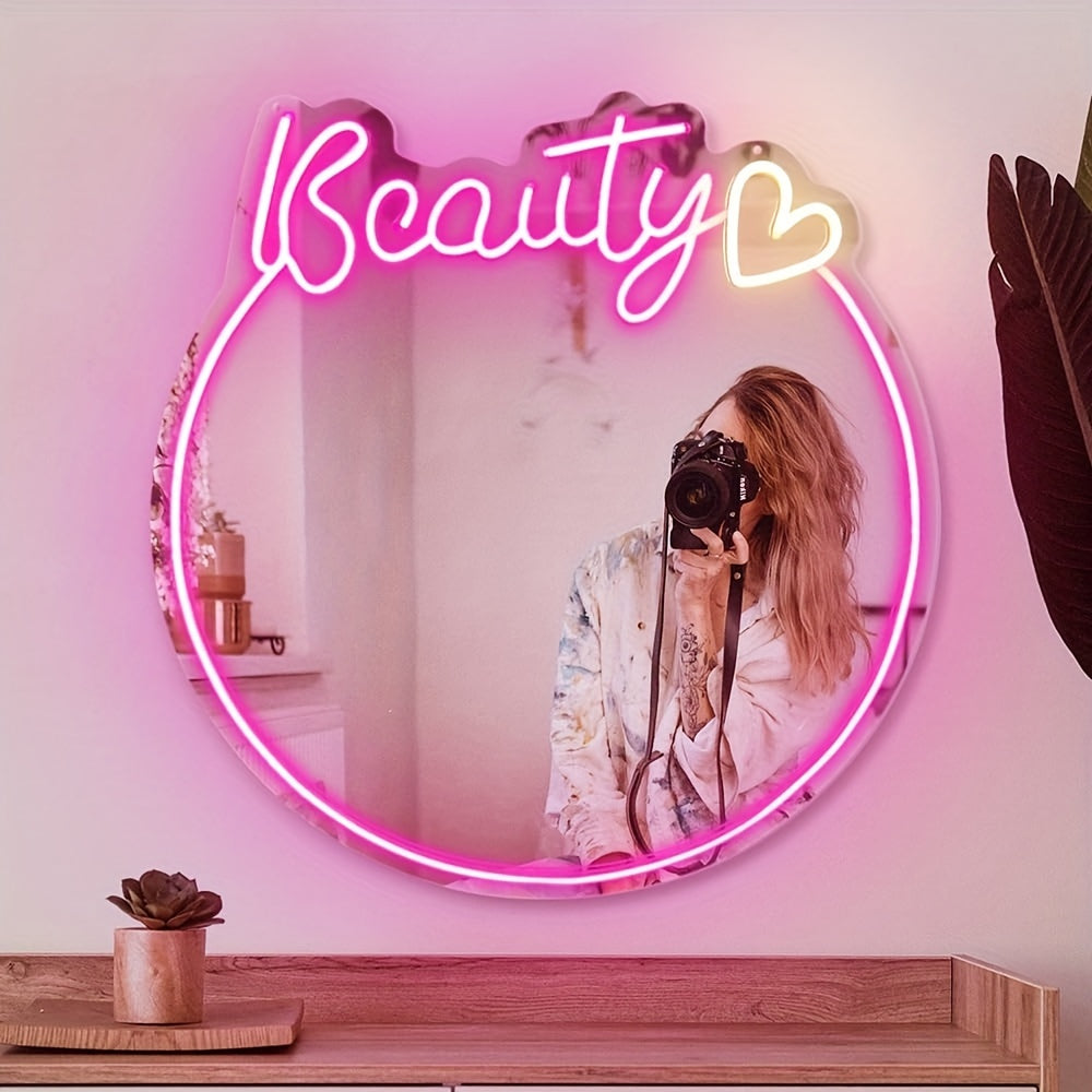 Beauty Neon Spiegel - Wandmontage, USB-Aangedreven Spiegellicht voor Meisjeskamer of Beautysalon