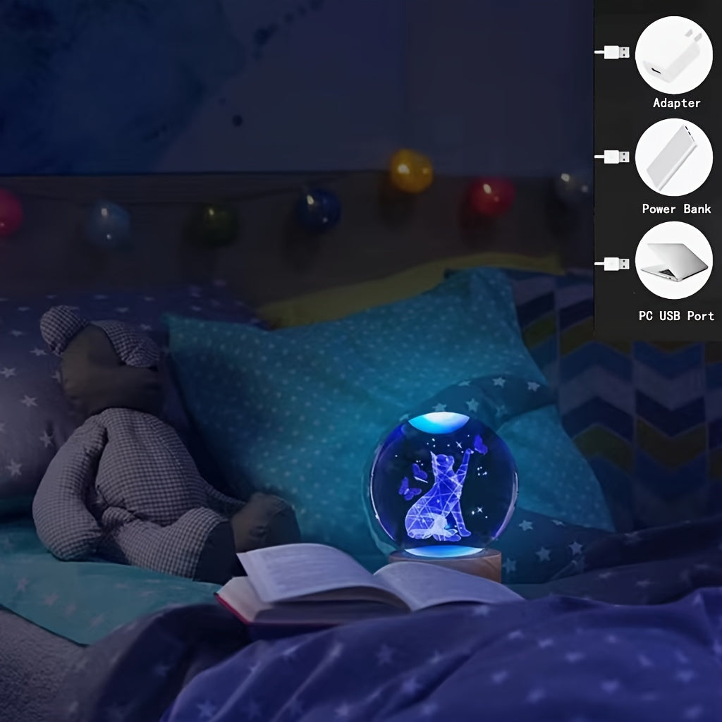 CrystalGlow - 3D Kat & Vlinder Kristallen Bol Nachtlamp met Houten Voet