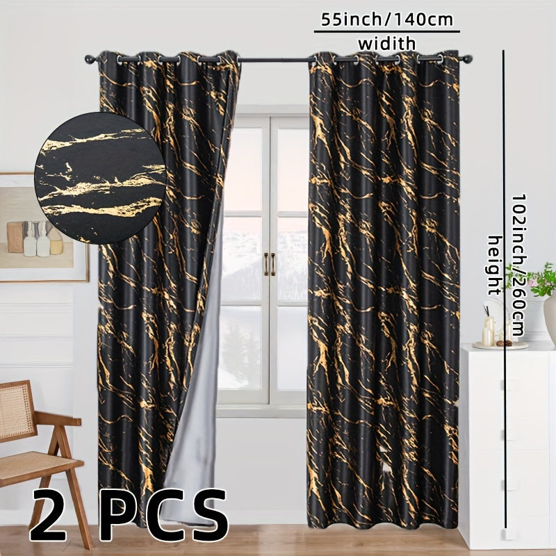 2 Stuks Gouden Folie Gedrukt Marmer Verduisterende Gordijnen - Privacy Raambekleding voor Woonkamer en Slaapkamer