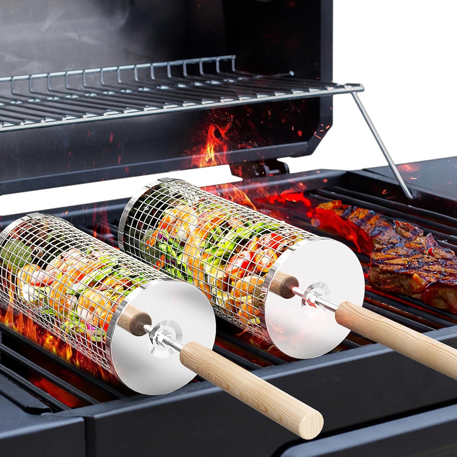Grillmand Set 2 Stuks Houten Handvatten BBQ