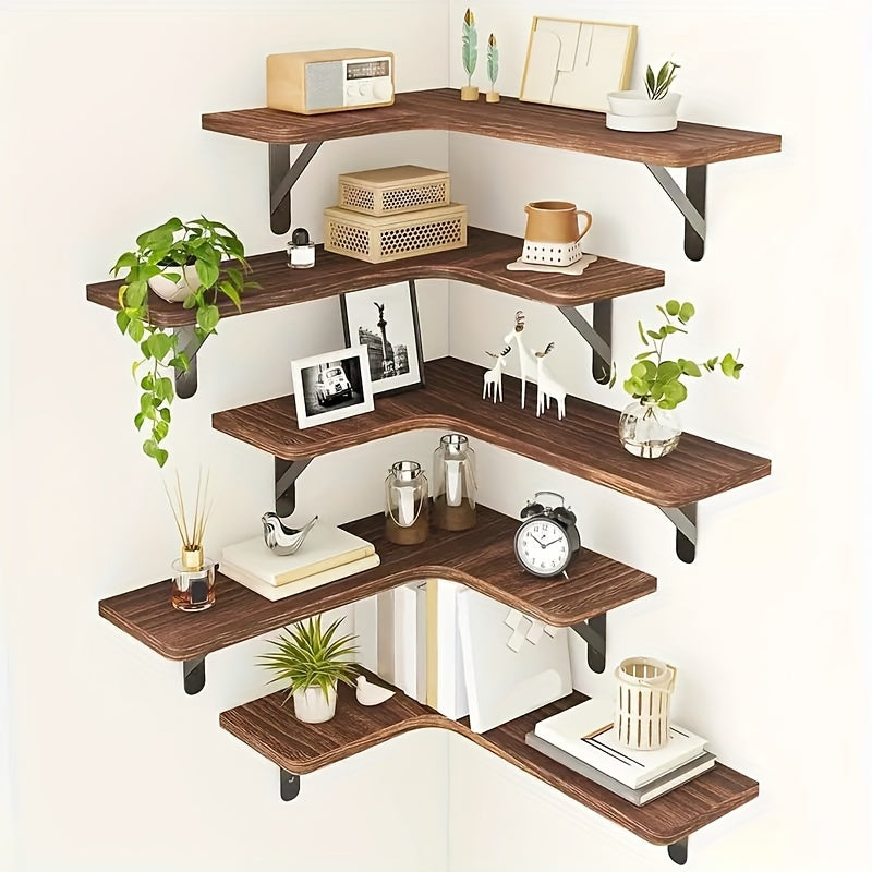 RusticCorner - 3/5 Stuks Zwevende Hoekplank - Houten Wanddecoratie en Opbergrek