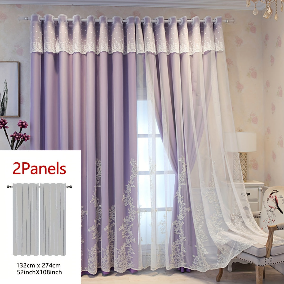 2 Pezzi Tenda Ricamata con Fate Elfiche - Pannelli di Tenda Traslucidi con Tessuto Integrato e Anelli
