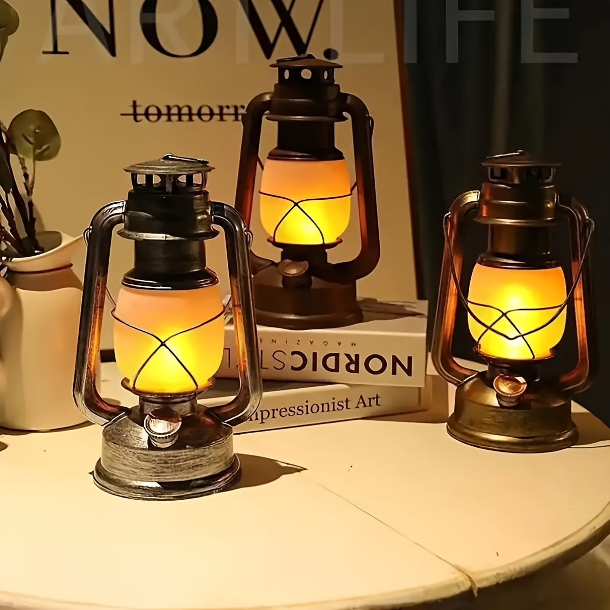 Retro Lantern - Rechargeable LED Lantern with Flame Light Effect, Antique Copper Finish