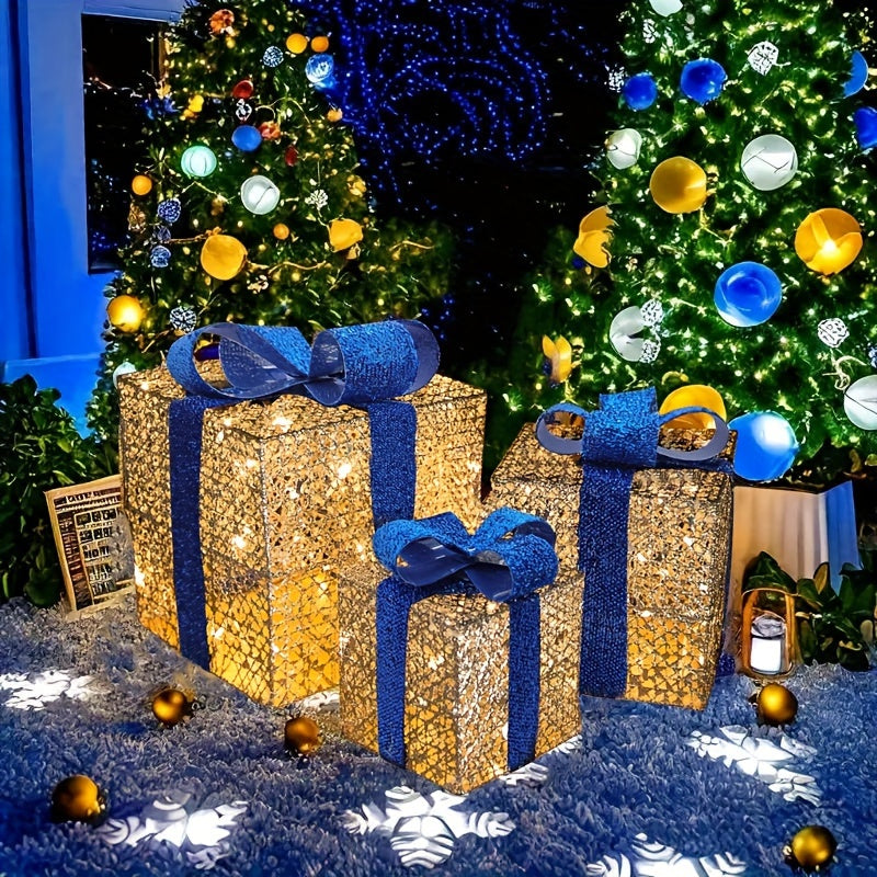 GlowGifts - Set van 3 Verlichte Kerstcadeaudozen met Strikken