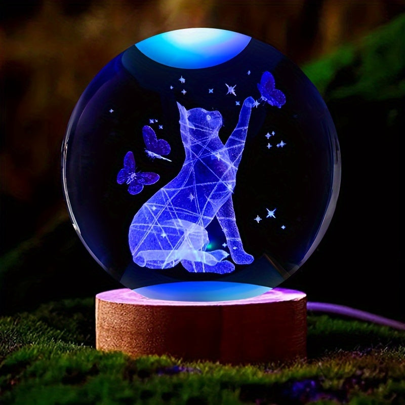 CrystalGlow - 3D Kat & Vlinder Kristallen Bol Nachtlamp met Houten Voet