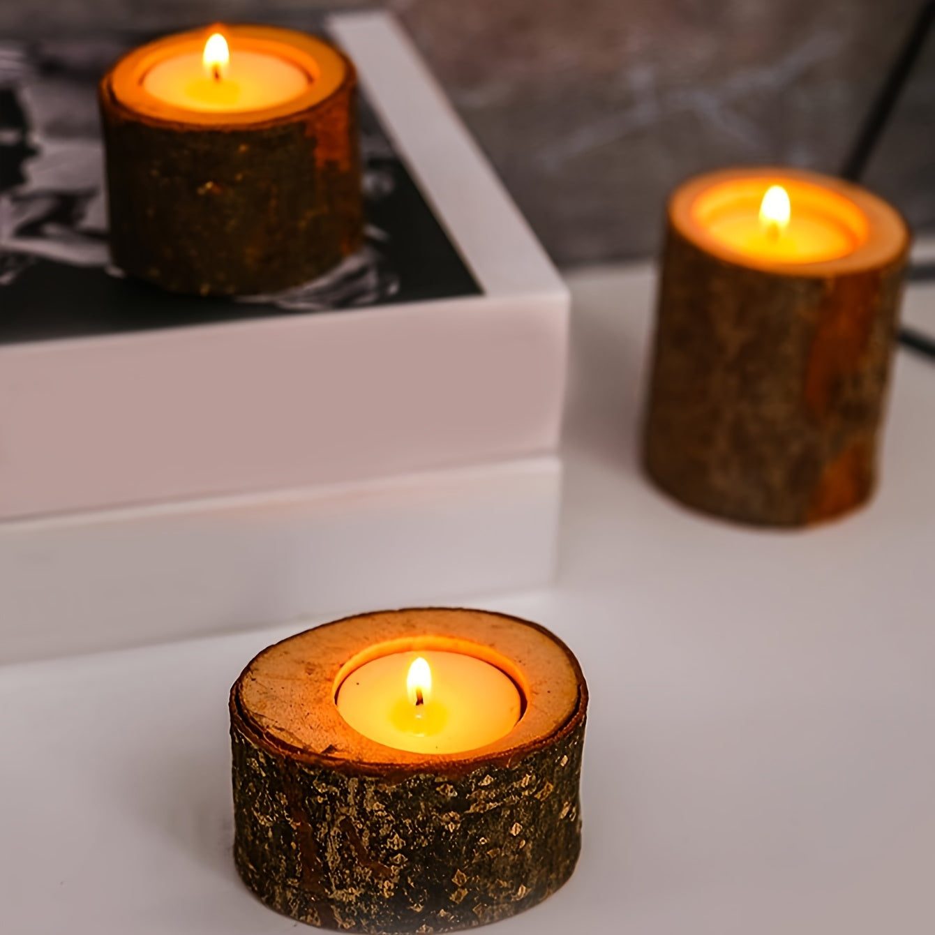 3-Delige Set Rustieke Boomschors Kaarshouders – Houten Tafeldecoratie voor Kerst en Feestdagen