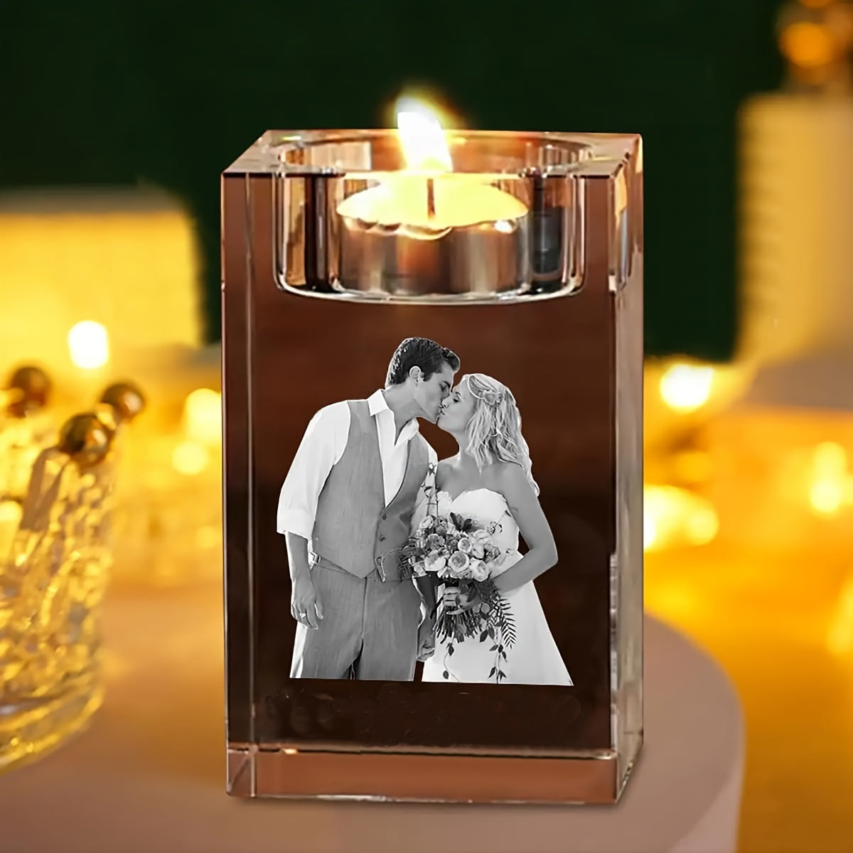 Gepersonaliseerde Glazen Fotokandelaar - Aanpasbaar Cadeau voor Bruiloft, Verjaardag of Feestdagen - Decoratief Art Deco Glas
