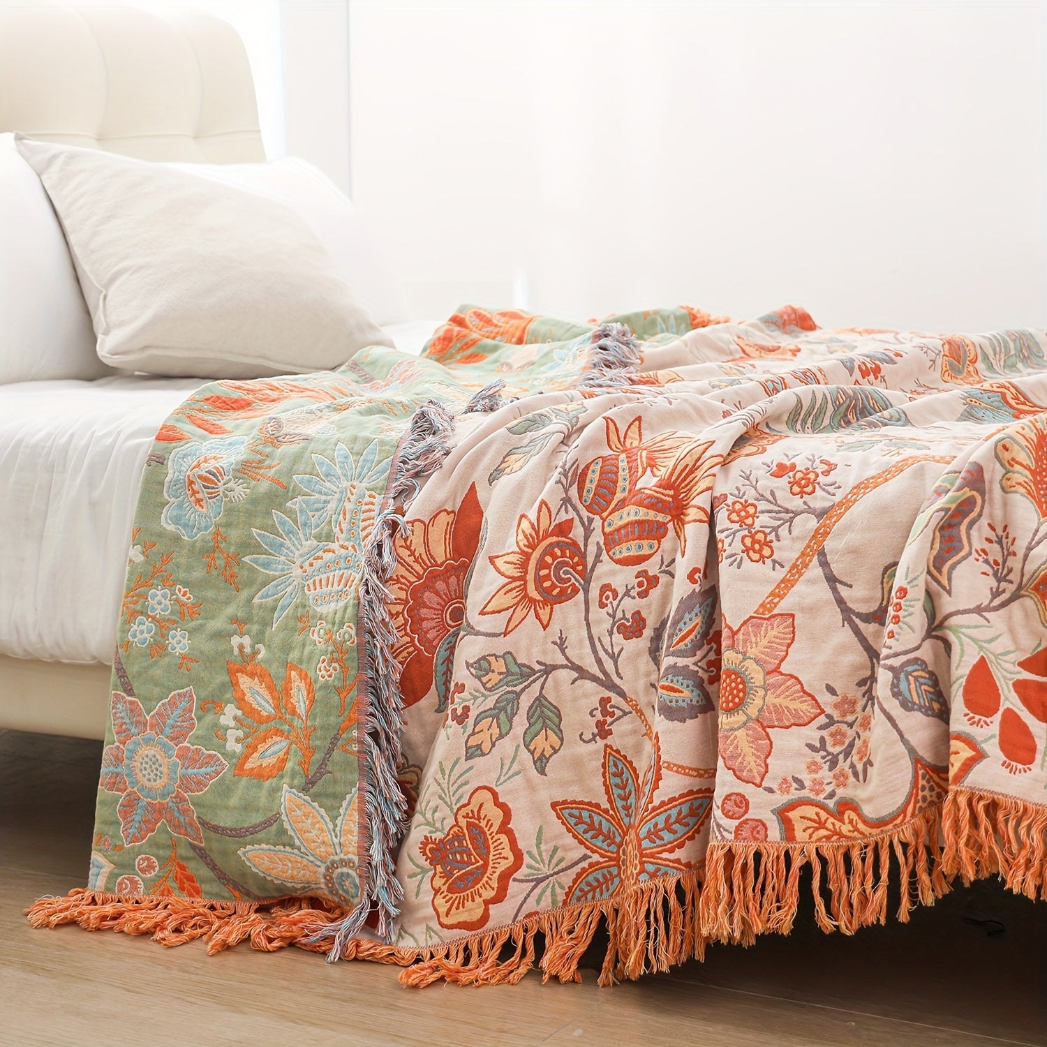 Cotton Embroidered Tassel Throw Bohemian Style