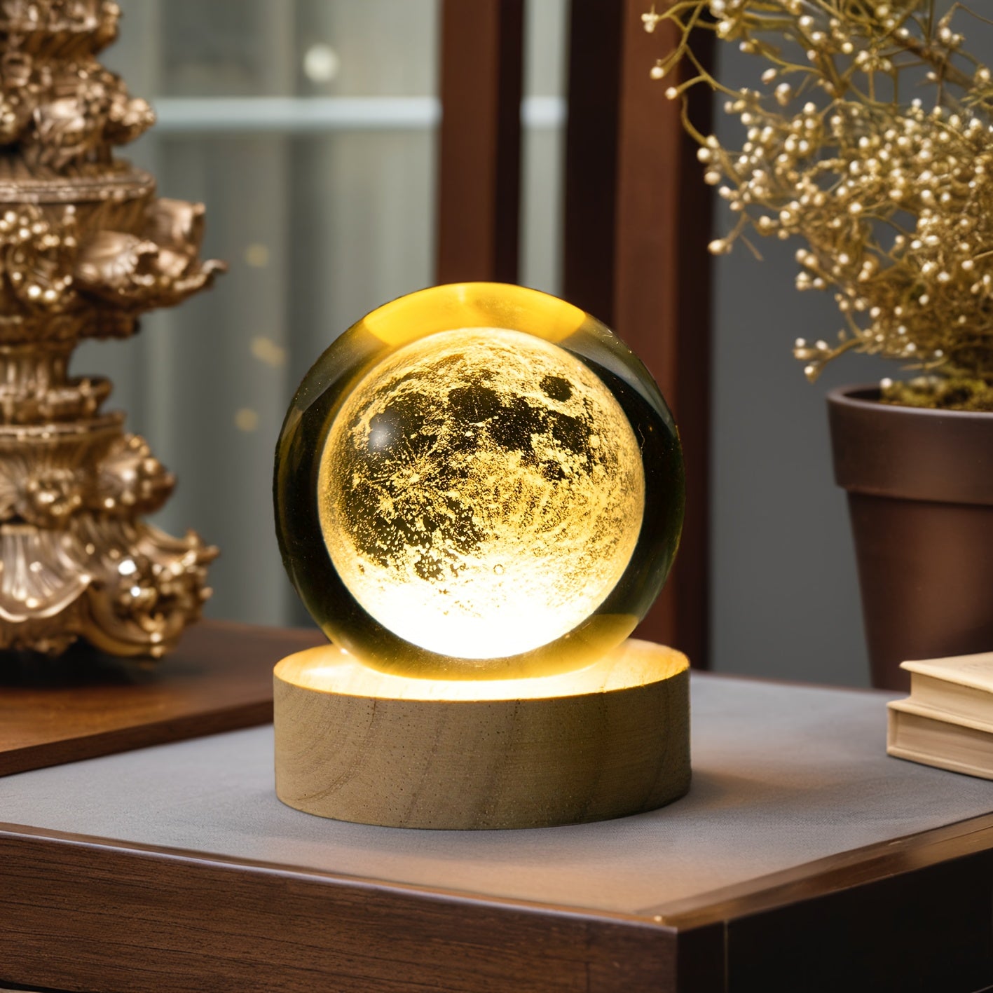 MoonCrystal - Maan Kristal Bal Lamp met Houten Basis