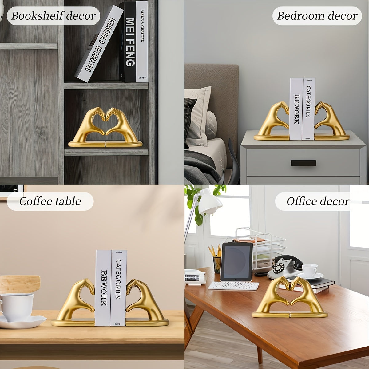 GoldenHeart - Set di 2 Fermalibri - Scultura d'Arte Moderna per Decorazione della Casa