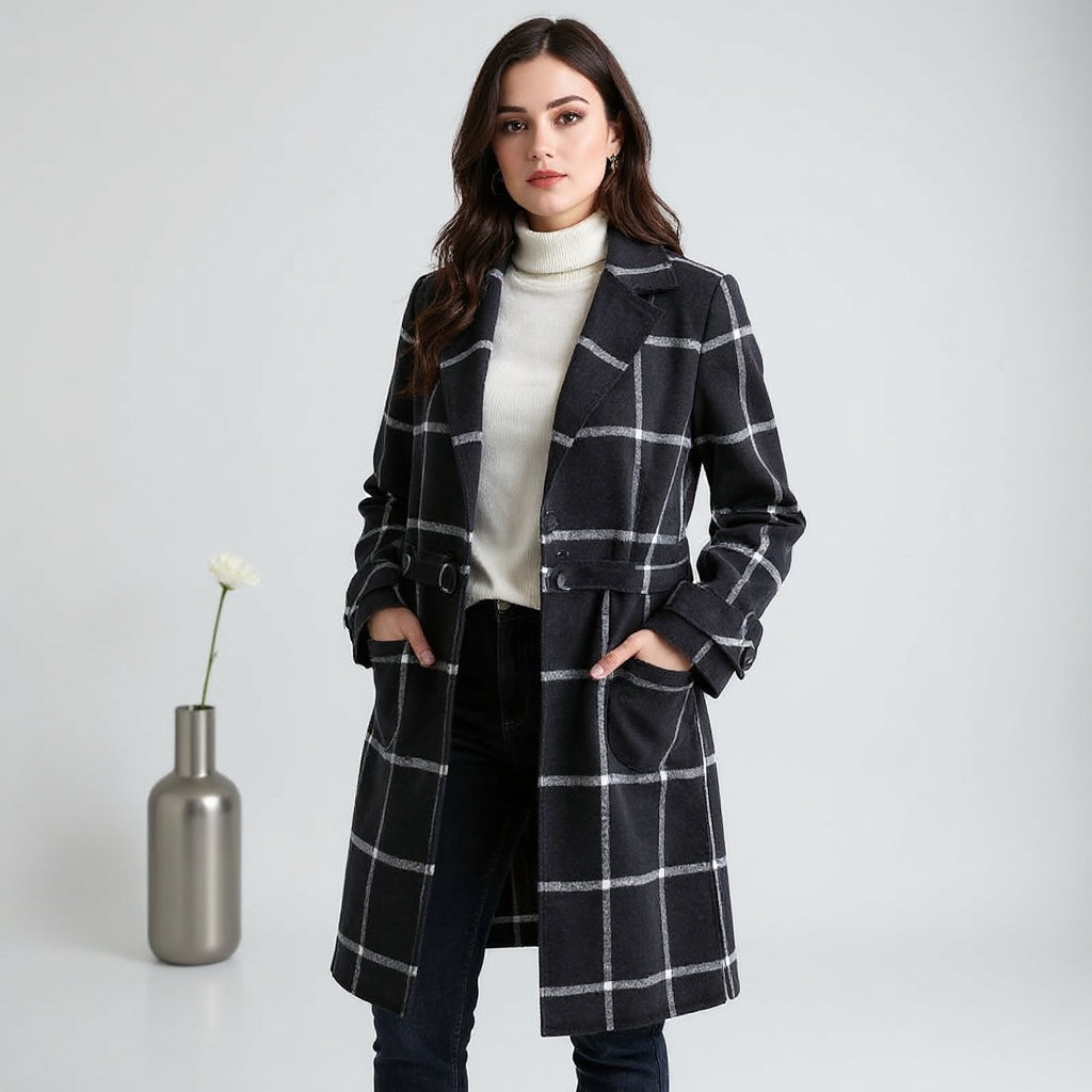 Elegante Dames Jas Ruitpatroon Wolmix Winter