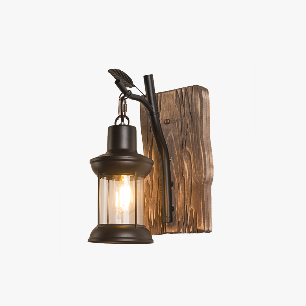 Vintage Lantern LED Wall Lamp Black Bedroom/Living Room Wood Metal