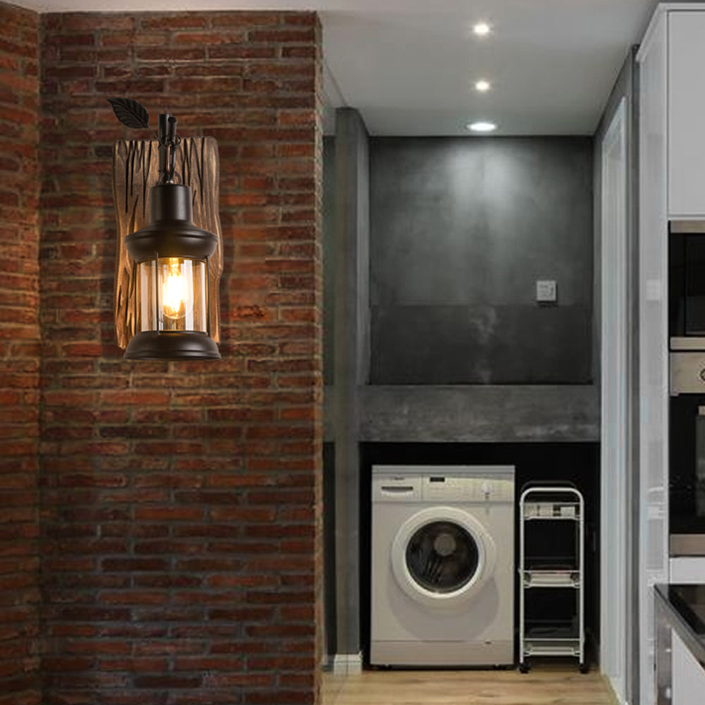 Vintage Lantern LED Wall Lamp Black Bedroom/Living Room Wood Metal