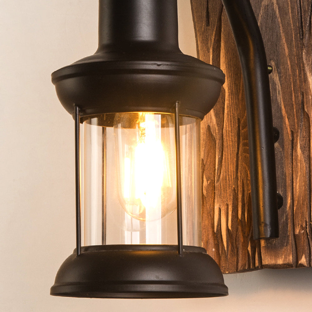 Vintage Lantern LED Wall Lamp Black Bedroom/Living Room Wood Metal