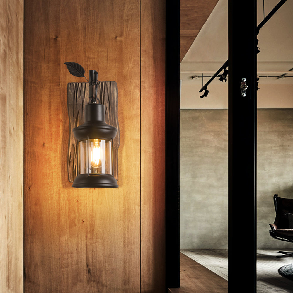 Vintage Lantern LED Wall Lamp Black Bedroom/Living Room Wood Metal