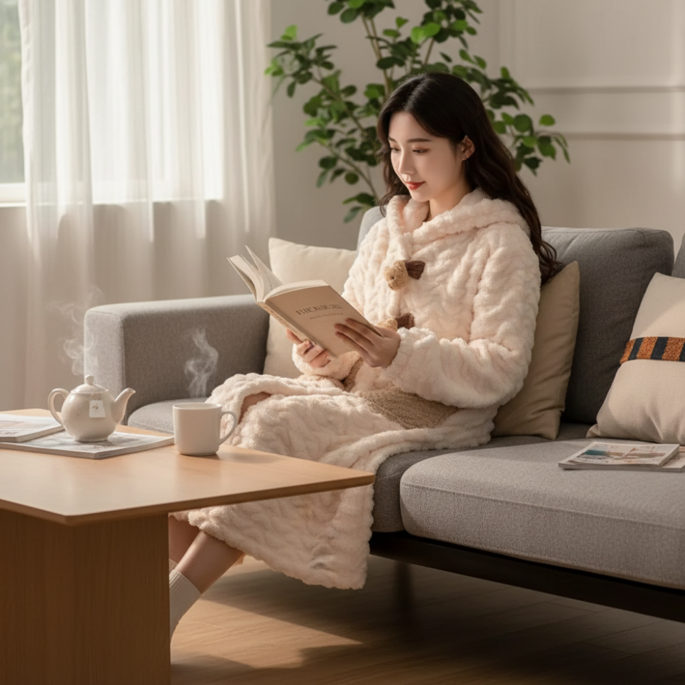 Robe de Banho de Poliéster Comprido com Capuz para Senhora, Quente, para o Inverno