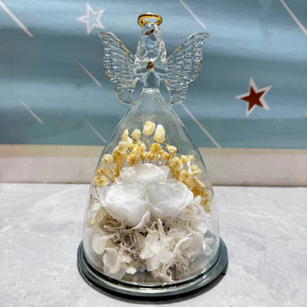 Cúpula de Vidro com Rosas Preservadas Anjo Dia dos Namorados