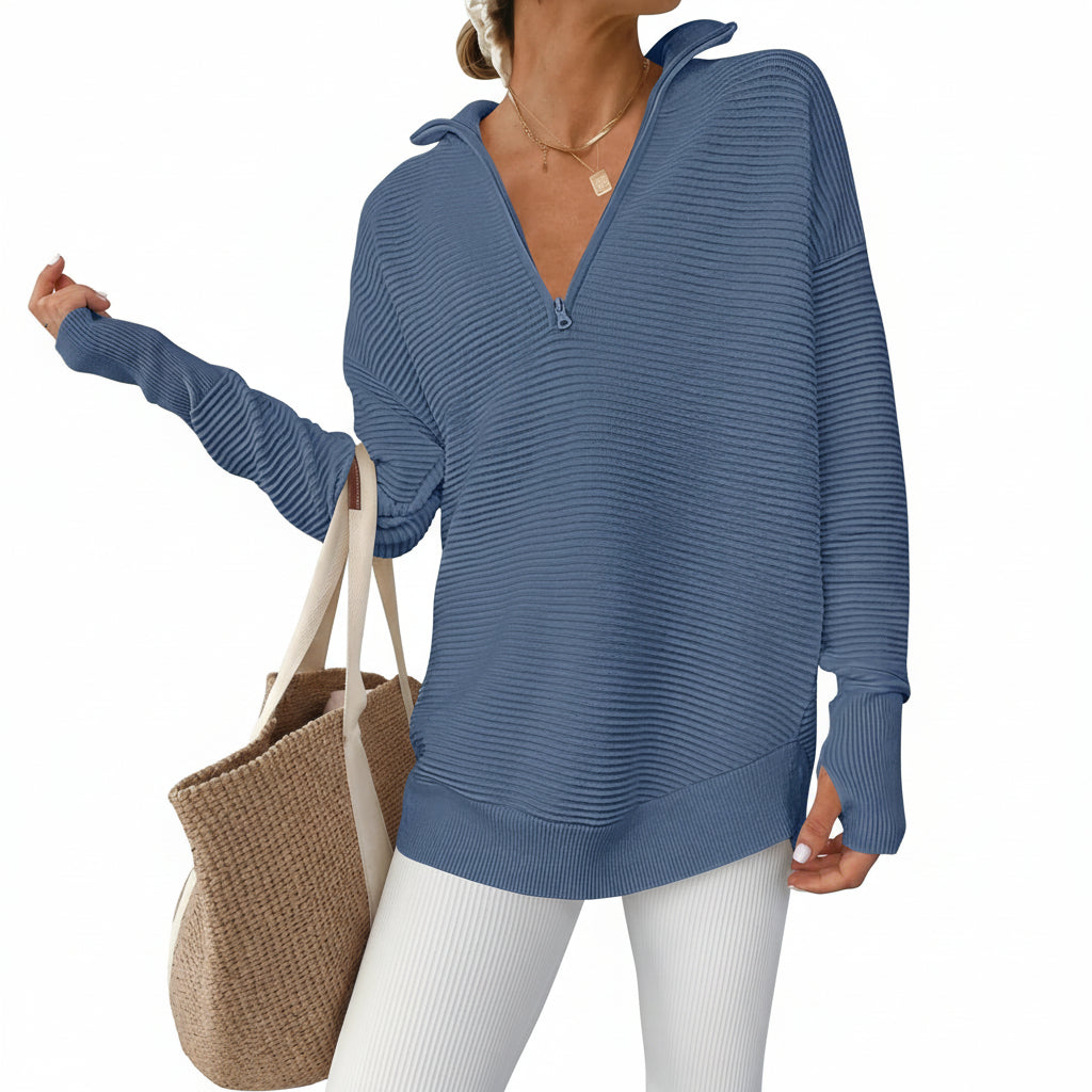 Dames Trui Gebreid Half Zip V Hals Ribstof Oversized