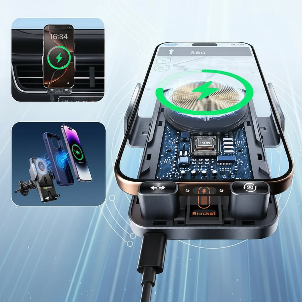 Suporte Automóvel para Telemóvel Carregador Sem Fios de Carregamento Rápido