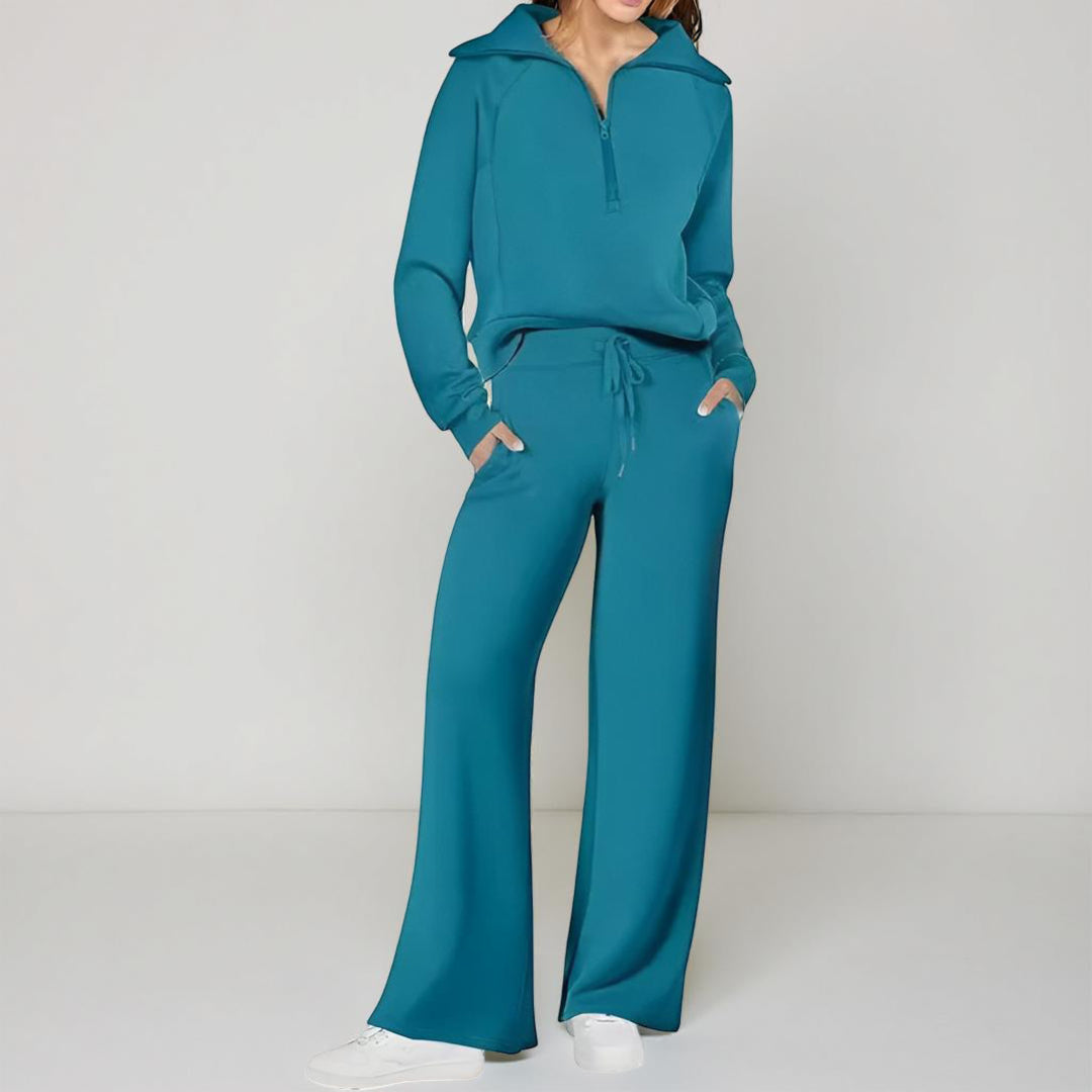 Conjunto Casual para Senhora com Sweatshirt de Meio Fecho e Calças Palazzo