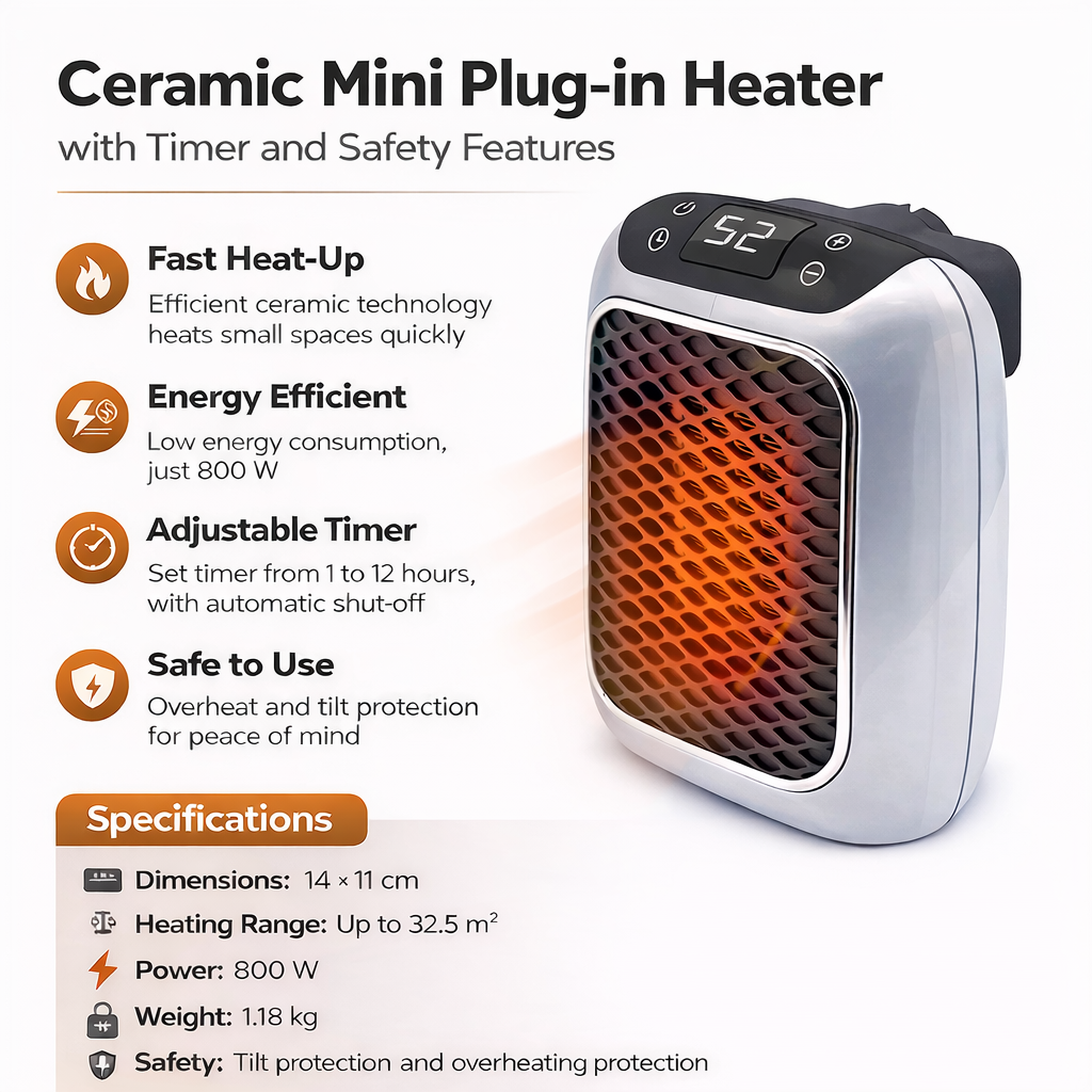 Keramische Mini Stekker Verwarming met Timer en Veiligheidsfuncties