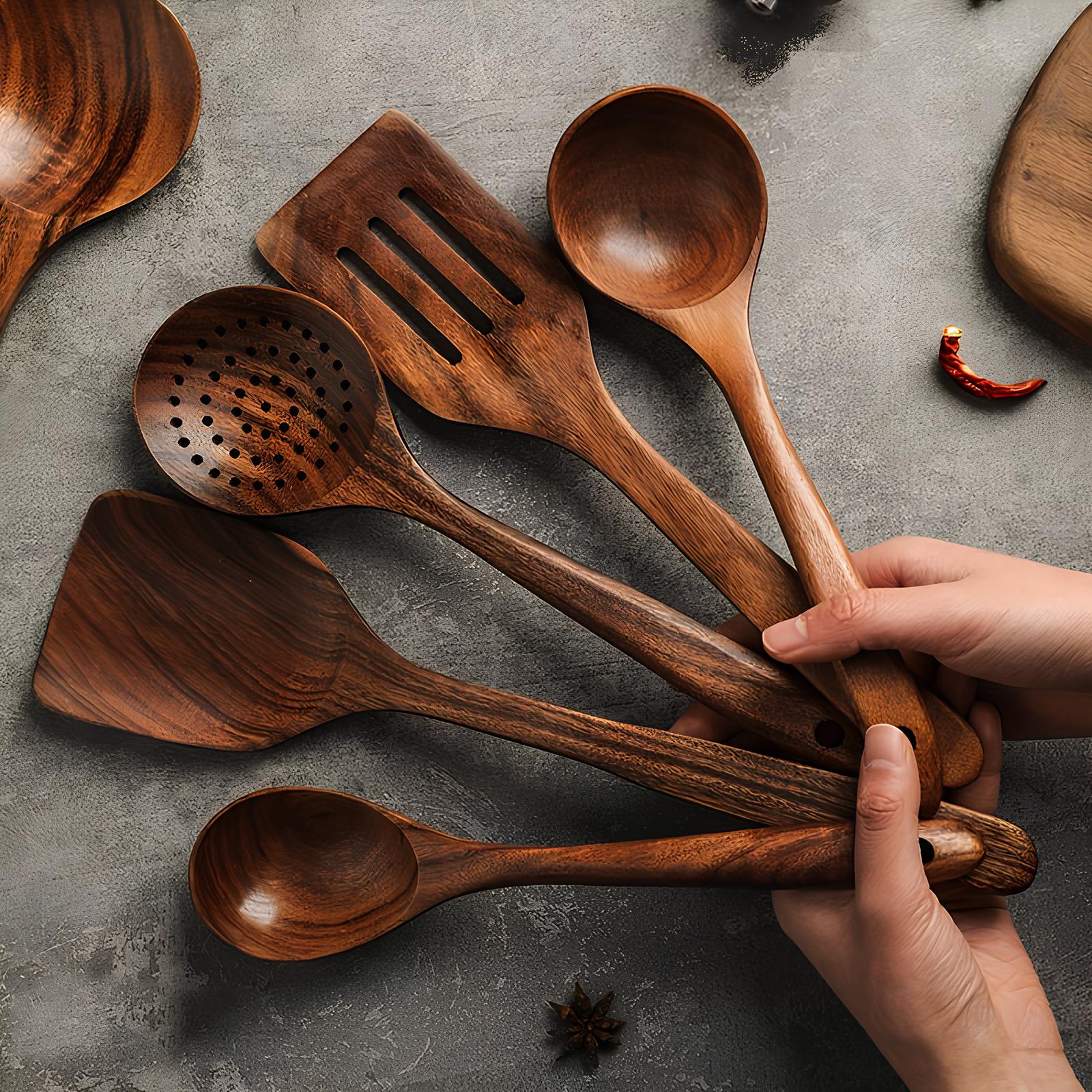 Keukengerei Set Houten Kooklepels Natuurlijk Teak Dagelijks Koken