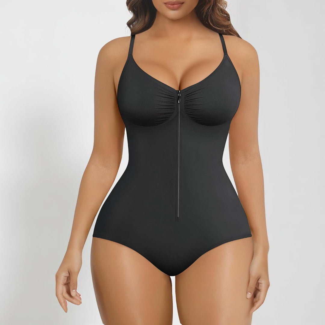 Body modelador feminino com fecho e cintura modeladora
