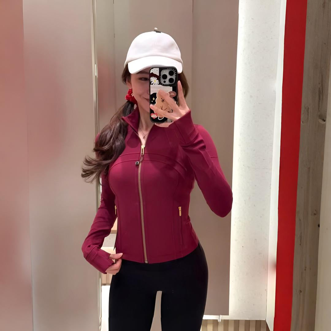 Casaco Desportivo Feminino Gola Curta com Fecho de Correr Ajuste Justo