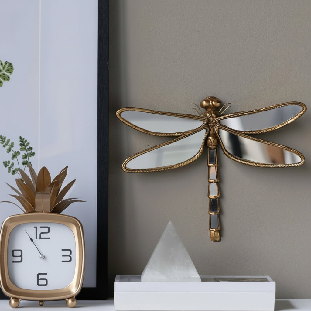 Decoração de Parede Espelho Libélula Retro Metal Sala de Estar