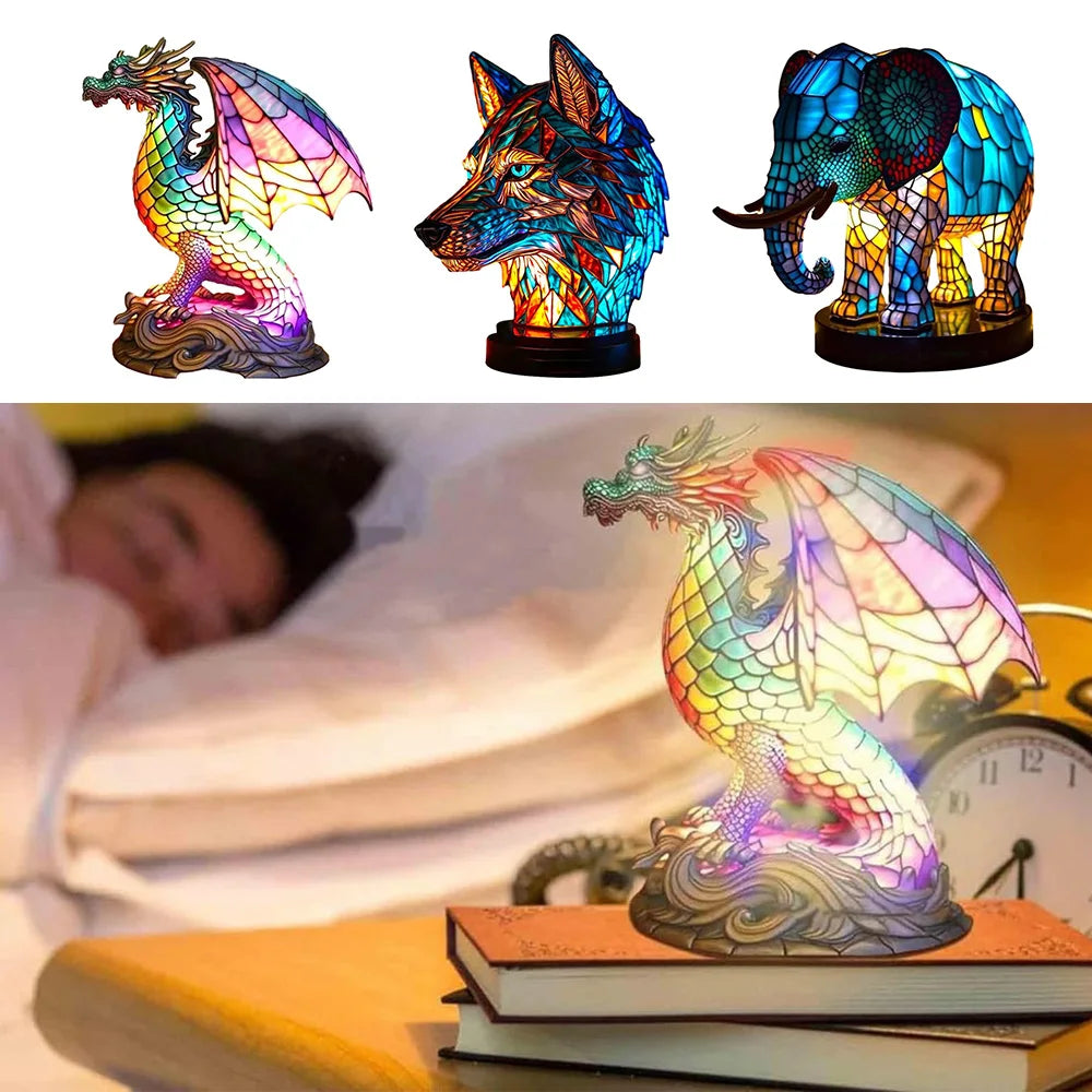 TiffanyGlow - Kleurrijke Dierenkop Nachtlamp – Handgemaakte Tiffany Glaslamp