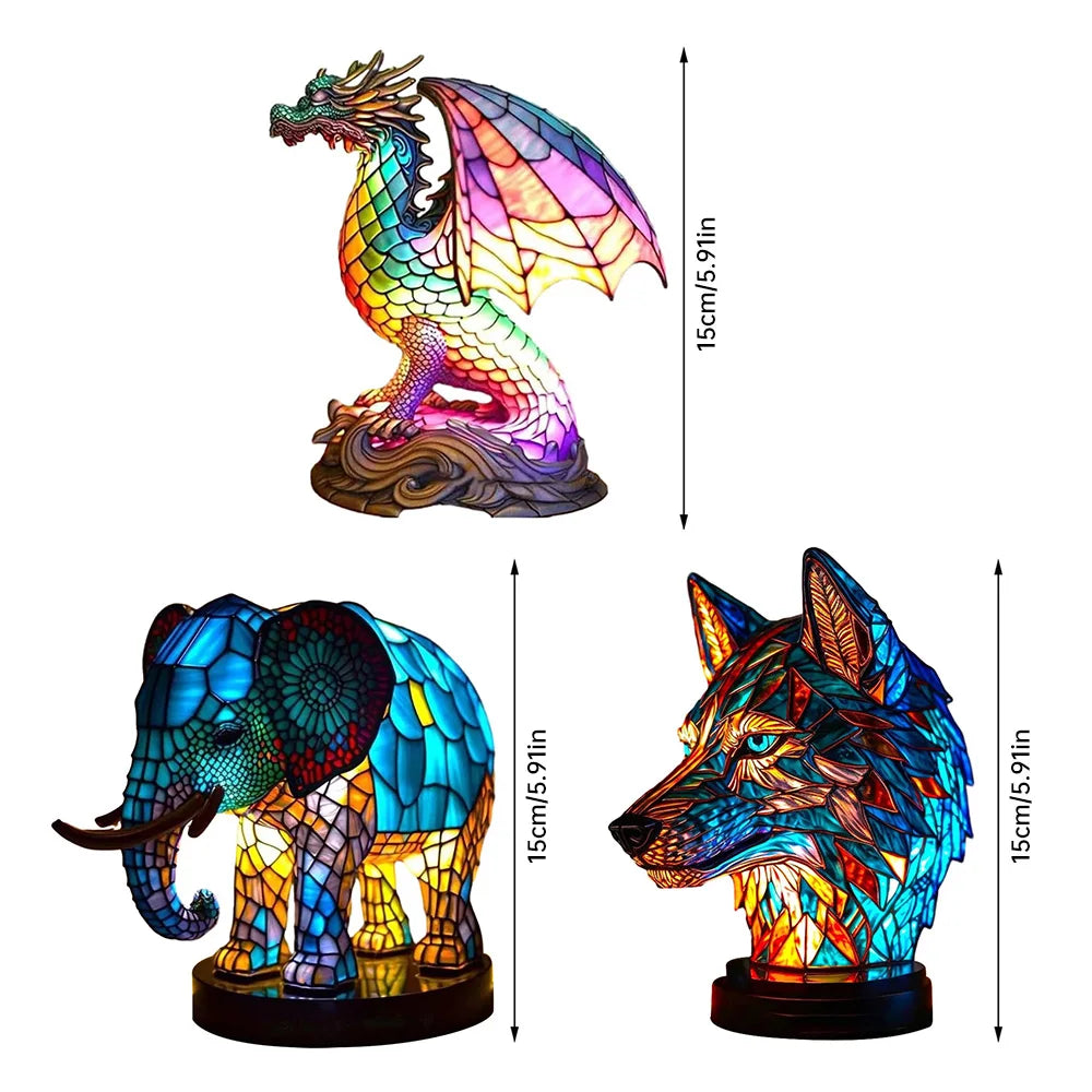 TiffanyGlow - Kleurrijke Dierenkop Nachtlamp – Handgemaakte Tiffany Glaslamp
