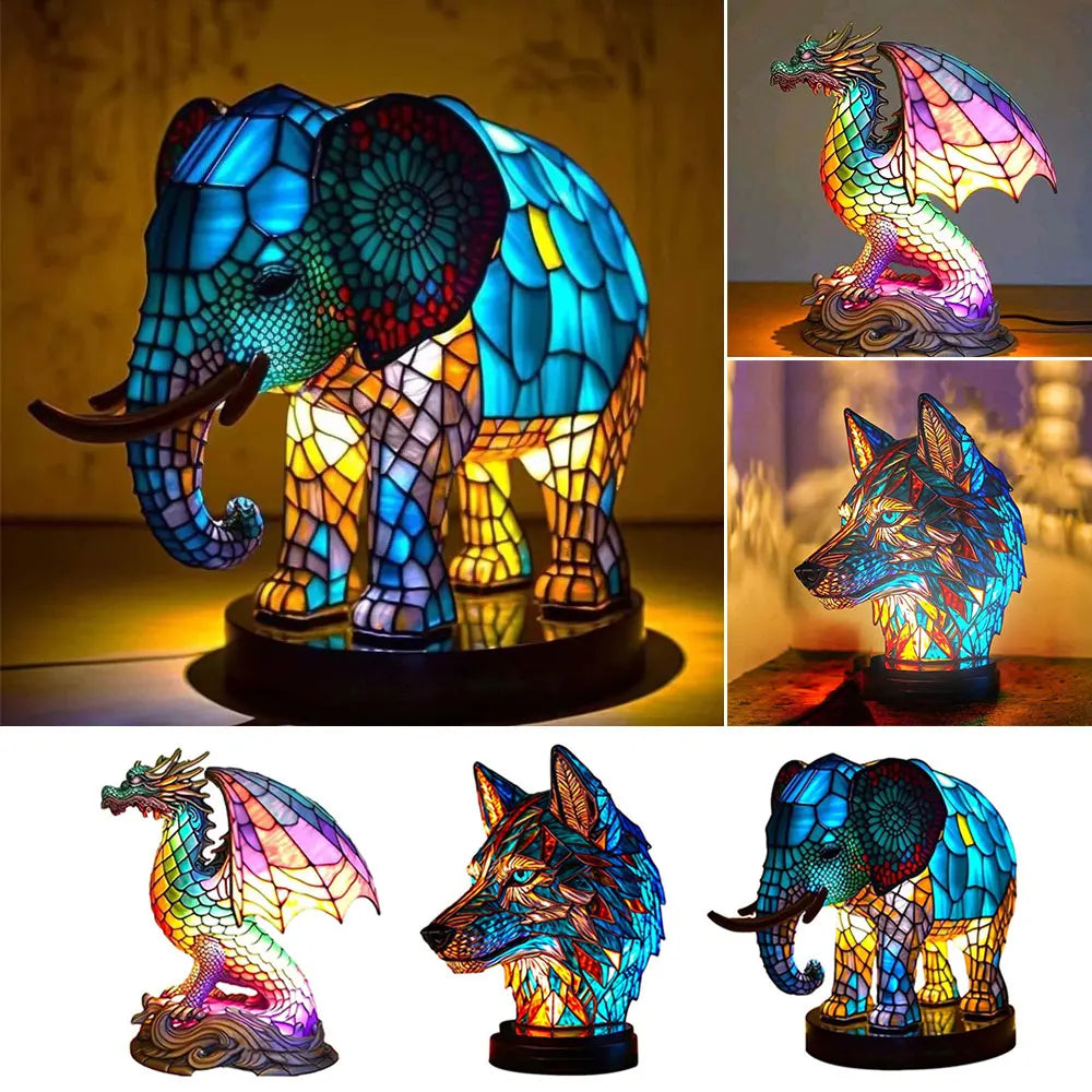 TiffanyGlow - Kleurrijke Dierenkop Nachtlamp – Handgemaakte Tiffany Glaslamp