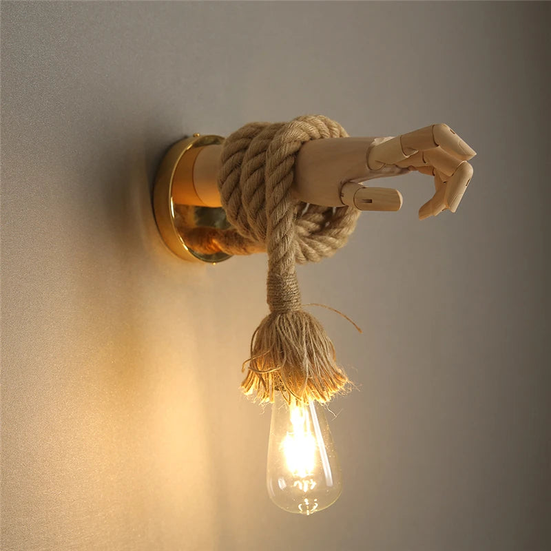 RetroHand - Lámpara de pared industrial de cuerda en forma de mano